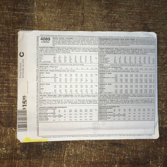 McCalls Sewing Pattern 4089 Costume Gothic Vampire Medieval Dress 6-12 UNCUT - Picture 2 of 2